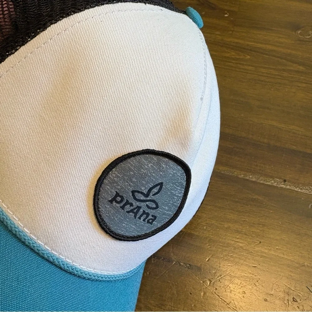 Prana Color Block Trucker Hat Mesh Logo Active Outdoor Teal Blue White